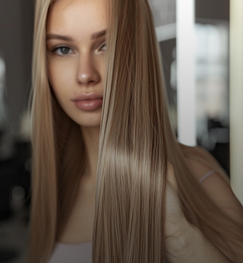 Jeune femme avec de longs cheveux blonds lisses et brillants, montrant une finition soignée et élégante