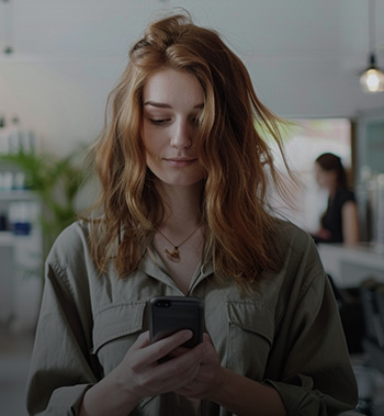 Jeune femme rousse aux cheveux ondulés, regardant son téléphone dans un salon de coiffure moderne