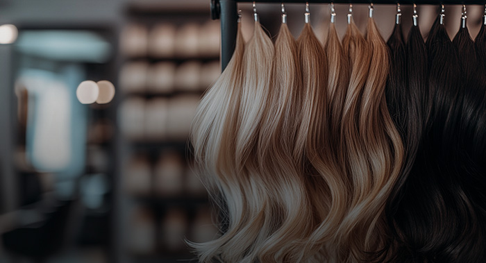 Mèches de cheveux ondulées de différentes couleurs suspendues sur un présentoir dans un salon de coiffure